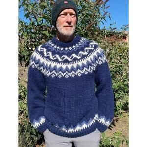 Alafoss Icewool Icelandic Sweater Hand Knit Wool Lopapeysa Nordic Pullover Blue